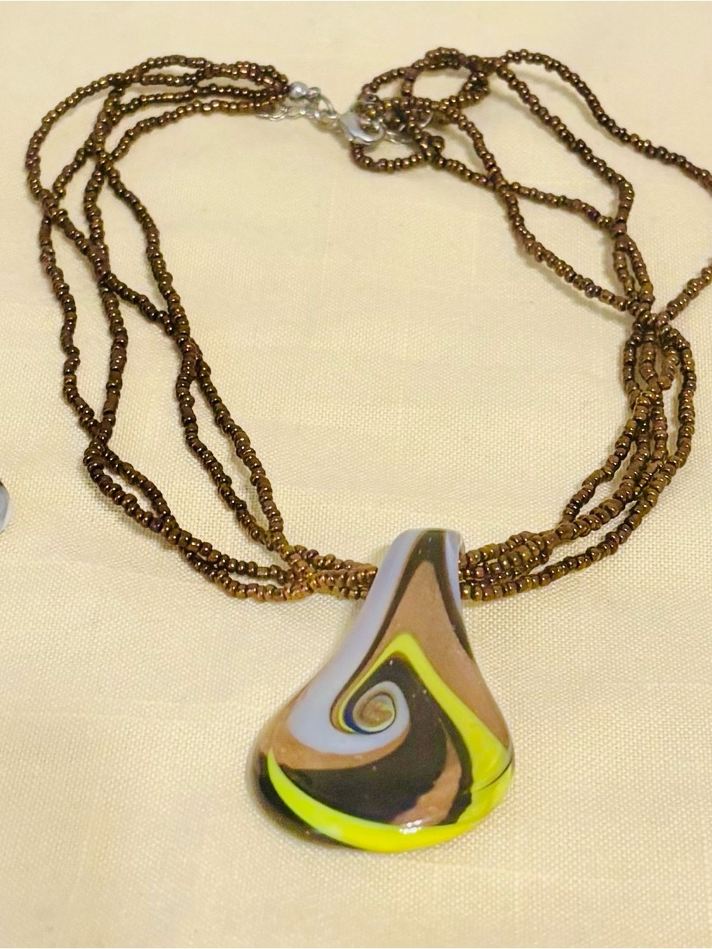 Vintage Y2K Murano Glass Beads 58" Necklace Dangle Earrings Black Brown Yellow